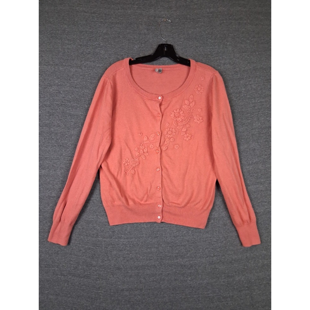Caslon Womens Sweater XL Pink Embroidered Floral Cardigan Wool Blend Academia